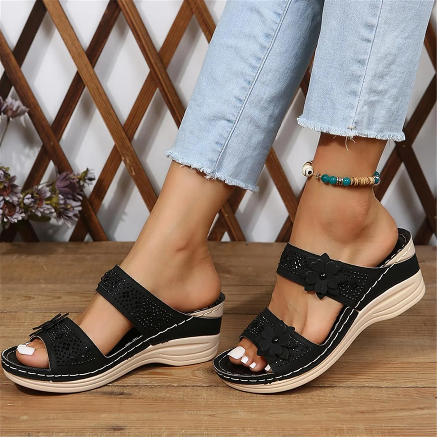 Ladmiple Sandals Women 2023 Fashion Flower Orthopedic Flip Flops Sandal Arch Support Wedge Slippers Roman Slip On Sandal