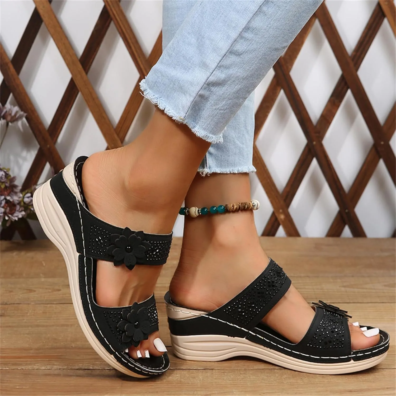 Ladmiple Sandals Women 2023 Fashion Flower Orthopedic Flip Flops Sandal Arch Support Wedge Slippers Roman Slip On Sandal