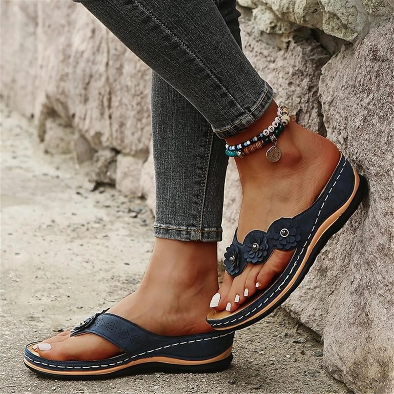 Ladmiple Sandals Women Comfortable Cute Wedge Orthotic Walking Slides Arch Support Dressy Summer Orthopedic Flip Flops
