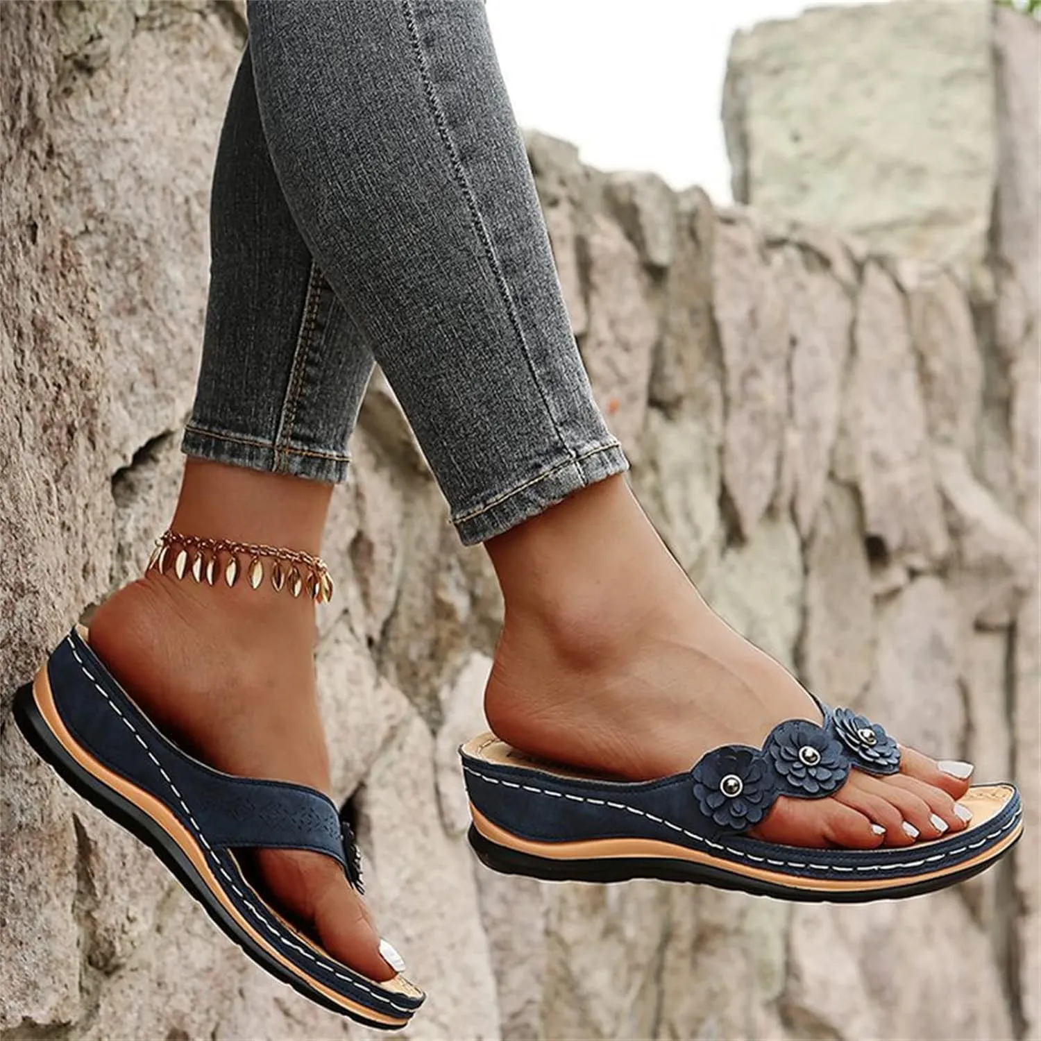 Ladmiple Sandals Women Comfortable Cute Wedge Orthotic Walking Slides Arch Support Dressy Summer Orthopedic Flip Flops