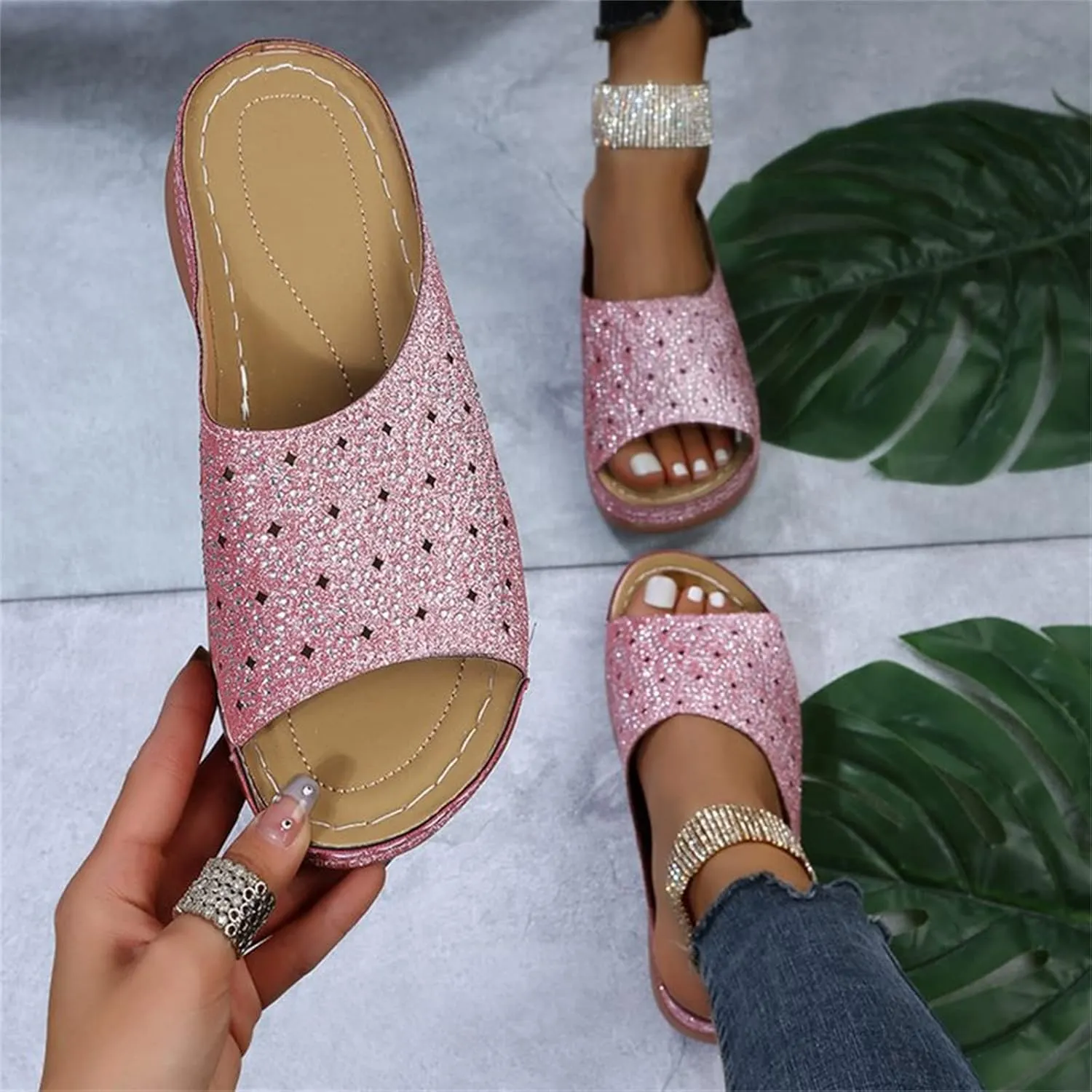Ladmiple Womens Casual Summer Fashion Crystal Orthopedic Platform Flip Flops Arch Support Roman Open Toe Slippers Shoes
