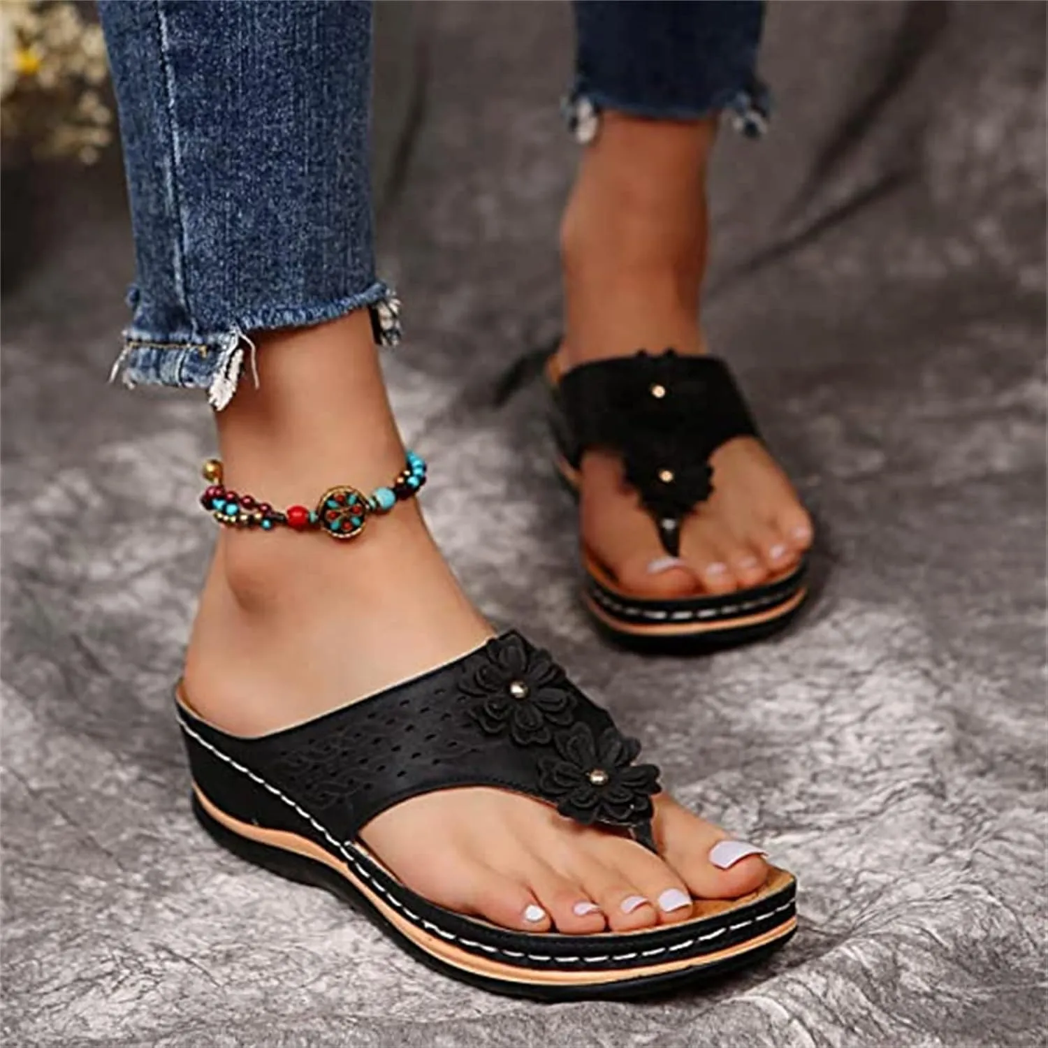 Ladmiple Womens Casual Summer Orthopedic Flip Flops with Arch Support Slip On Sandal Beach Roman Clip Toe Slippers Shoes
