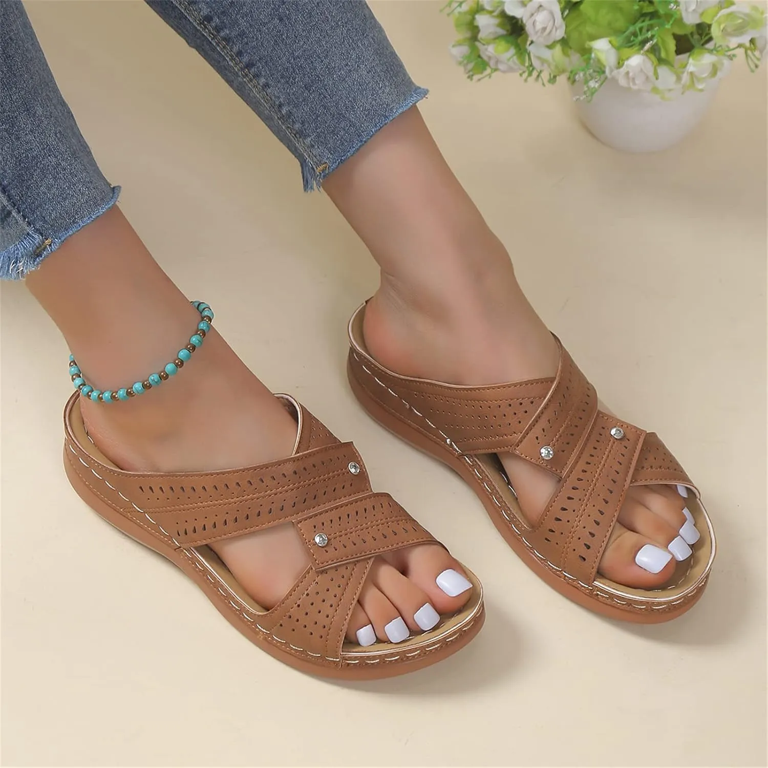 Ladmiple Womens Sandals Dressy Flat Arch Support Orthotic Flips Flops Plantar Fasciitis Comfortable Walking Orthopedic Slides