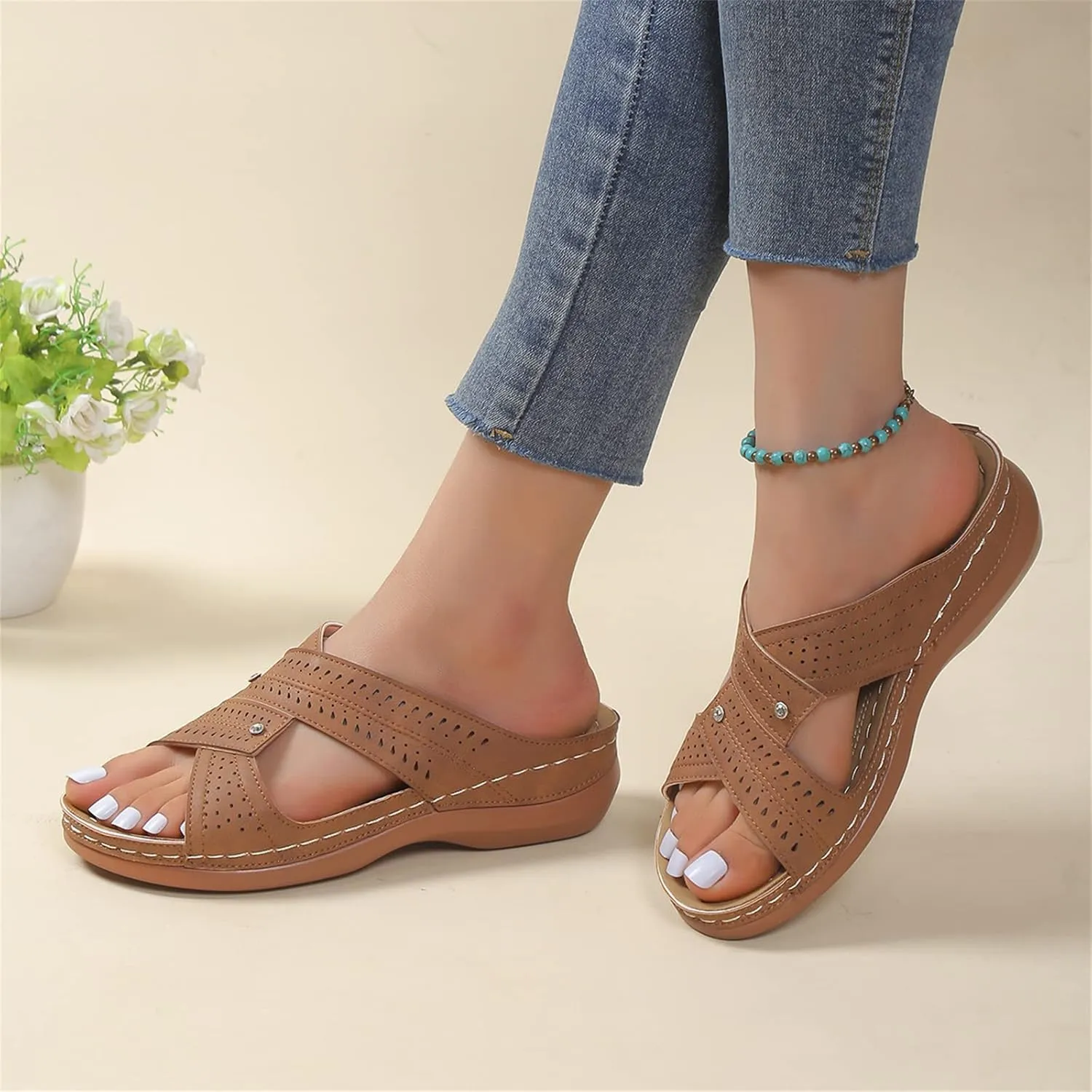 Ladmiple Womens Sandals Dressy Flat Arch Support Orthotic Flips Flops Plantar Fasciitis Comfortable Walking Orthopedic Slides