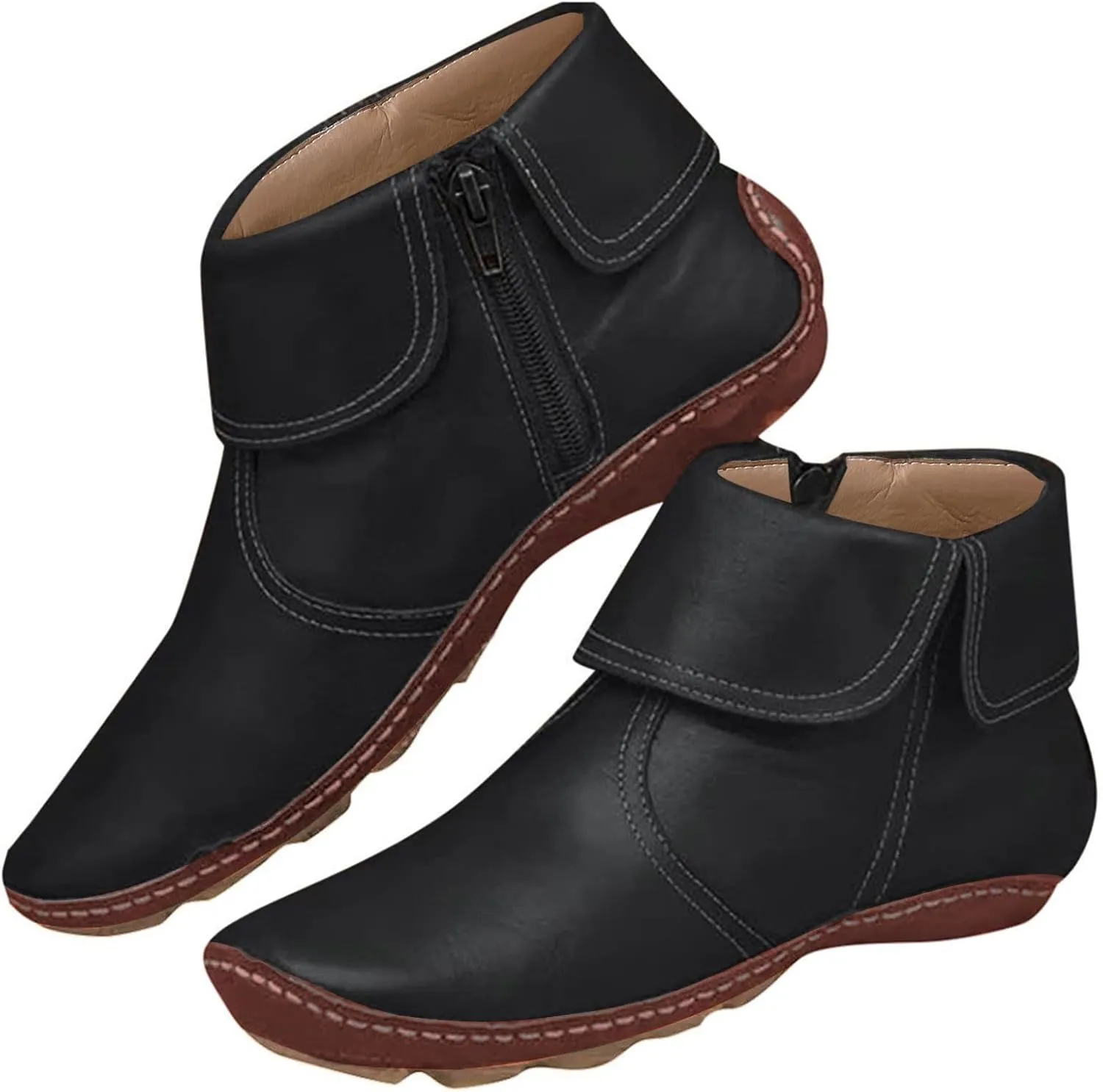 Leather Ankle Boots for Women Flat Heel Round Toe Booties Side Zip Vintage Boots Low Heel Arch Support Booties