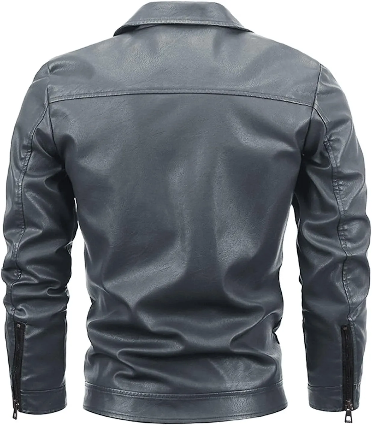 Leather Jacket for Men Solid Color Zip PU Leather Jacket Short Lapel Motorcycle Leather Men's Cotton Lightweight