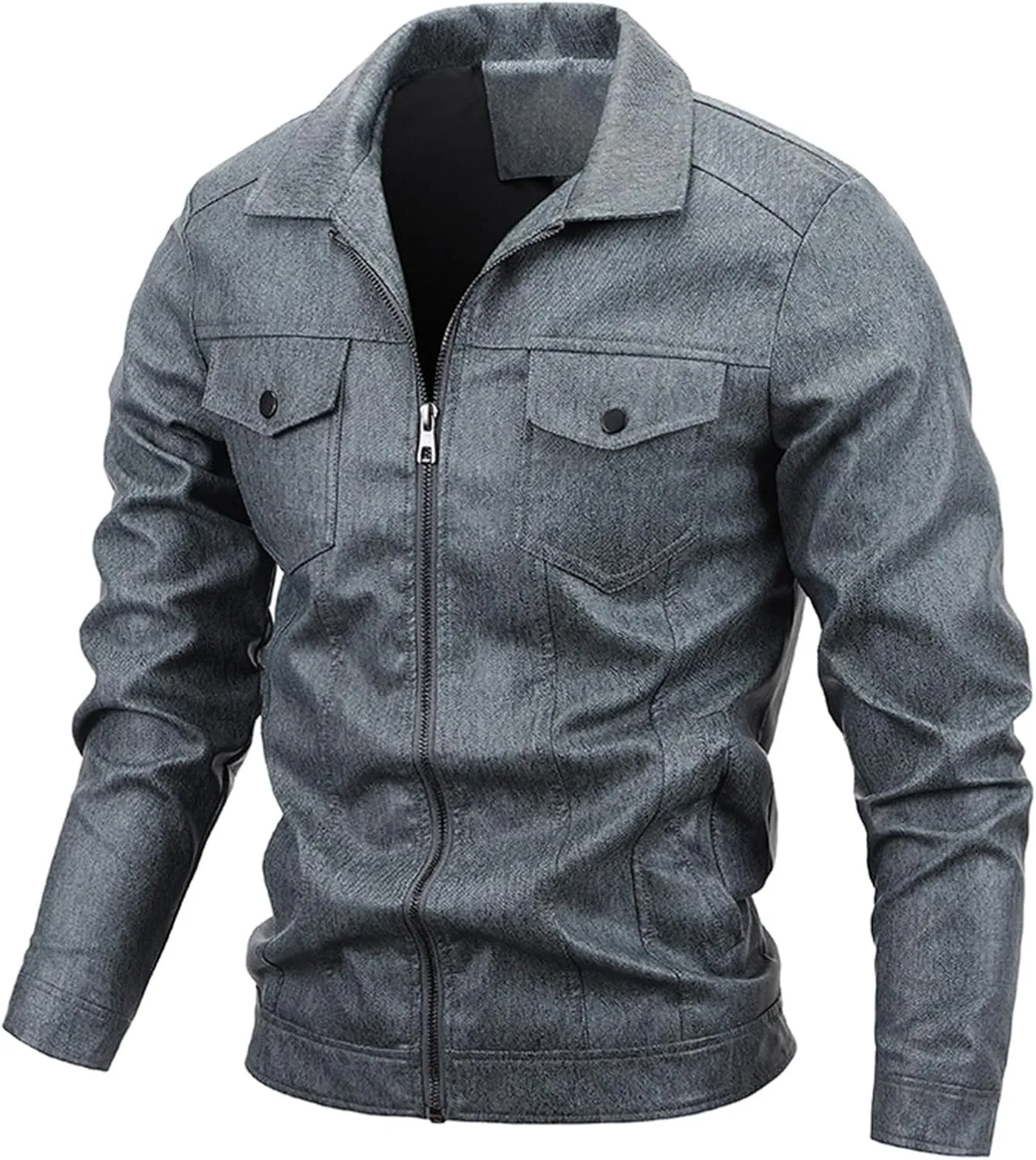 Leather Jacket for Men Solid Color Zip PU Leather Jacket Short Lapel Motorcycle Leather Men's Cotton Lightweight