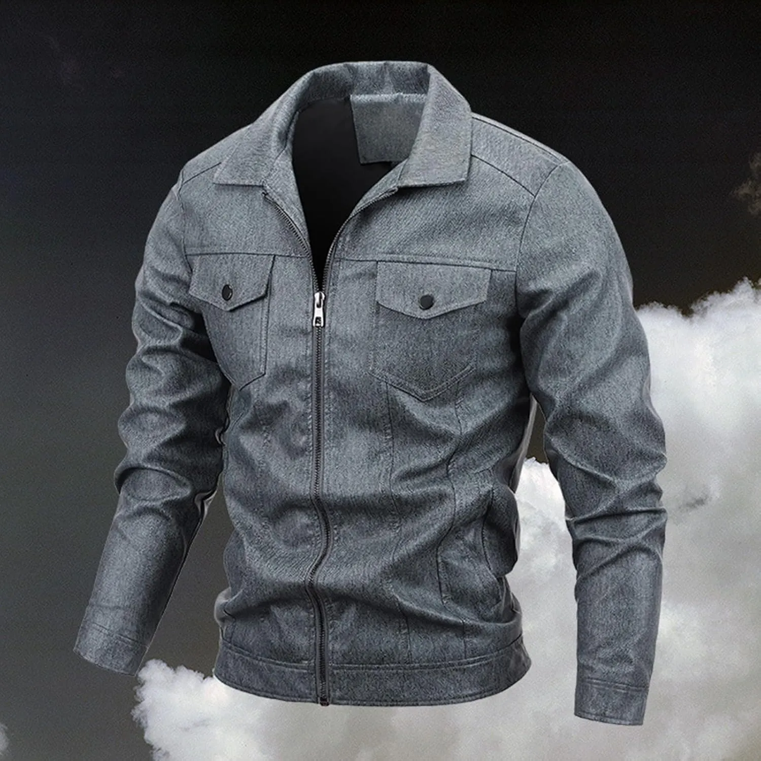 Leather Jacket for Men Solid Color Zip PU Leather Jacket Short Lapel Motorcycle Leather Men's Cotton Lightweight