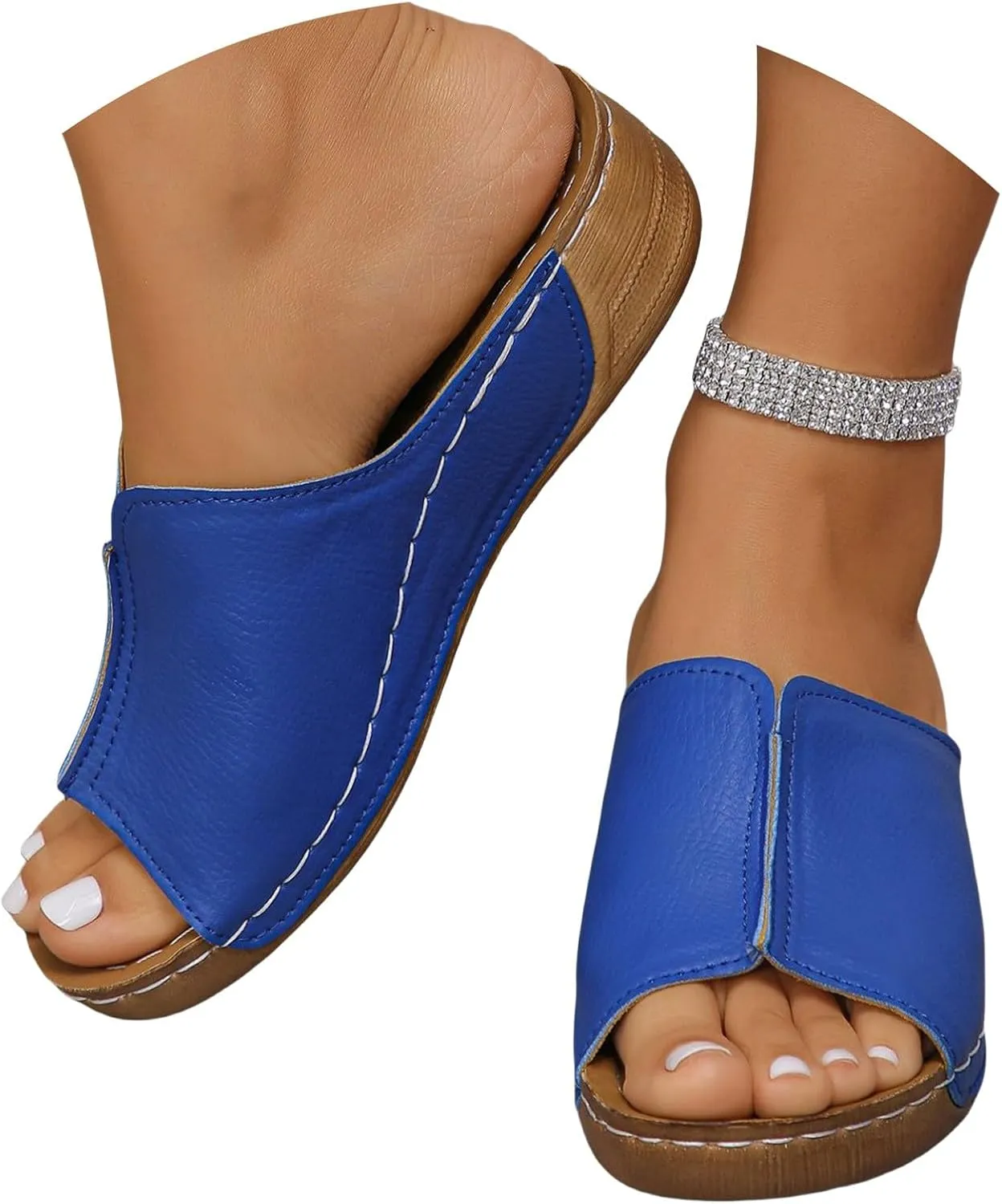 Leather Wedge Sandals for Women Arch Support Summer Slip On Orthopedic Sandals Comfortable Wide Width Beach Slippers Waterproof Dress Shoes