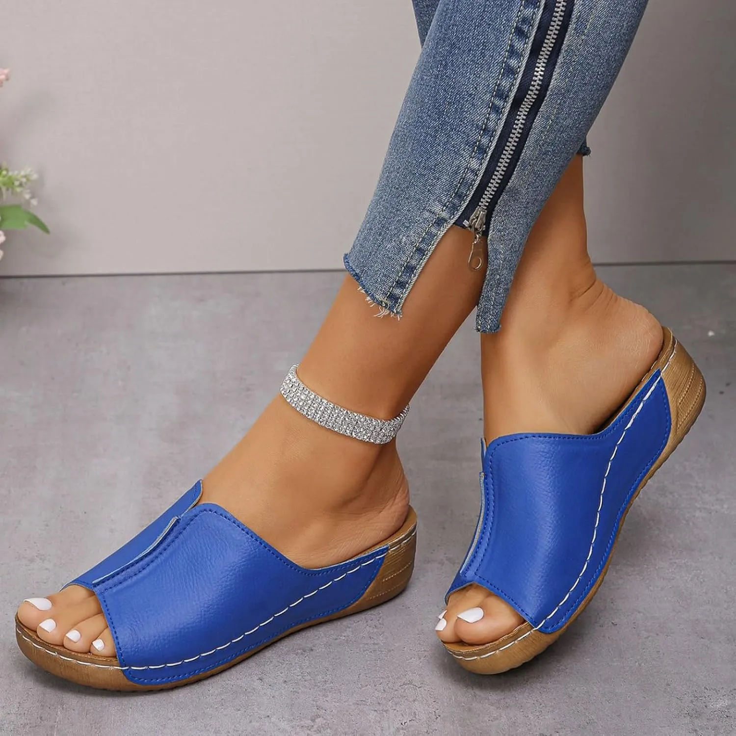 Leather Wedge Sandals for Women Arch Support Summer Slip On Orthopedic Sandals Comfortable Wide Width Beach Slippers Waterproof Dress Shoes