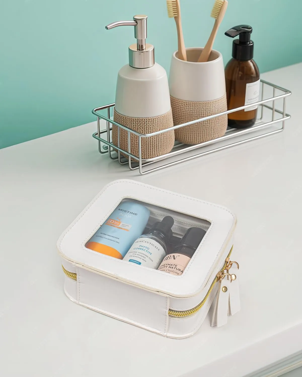 LETGO Mini Clear Makeup Bag, Cute Travel Pouch Purse for Women, Car Essentials Organizer (White, Mini)