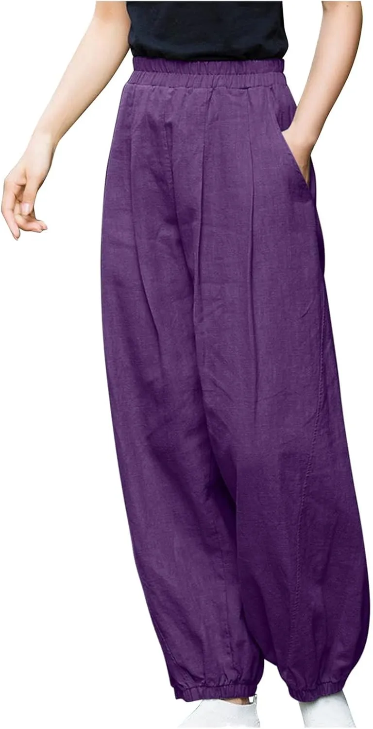 Linen Pants for Women Casual Relaxed Fit Elastic High Waist Cinch Bottom Pants Lightweight Comfy Trousers with Pocket