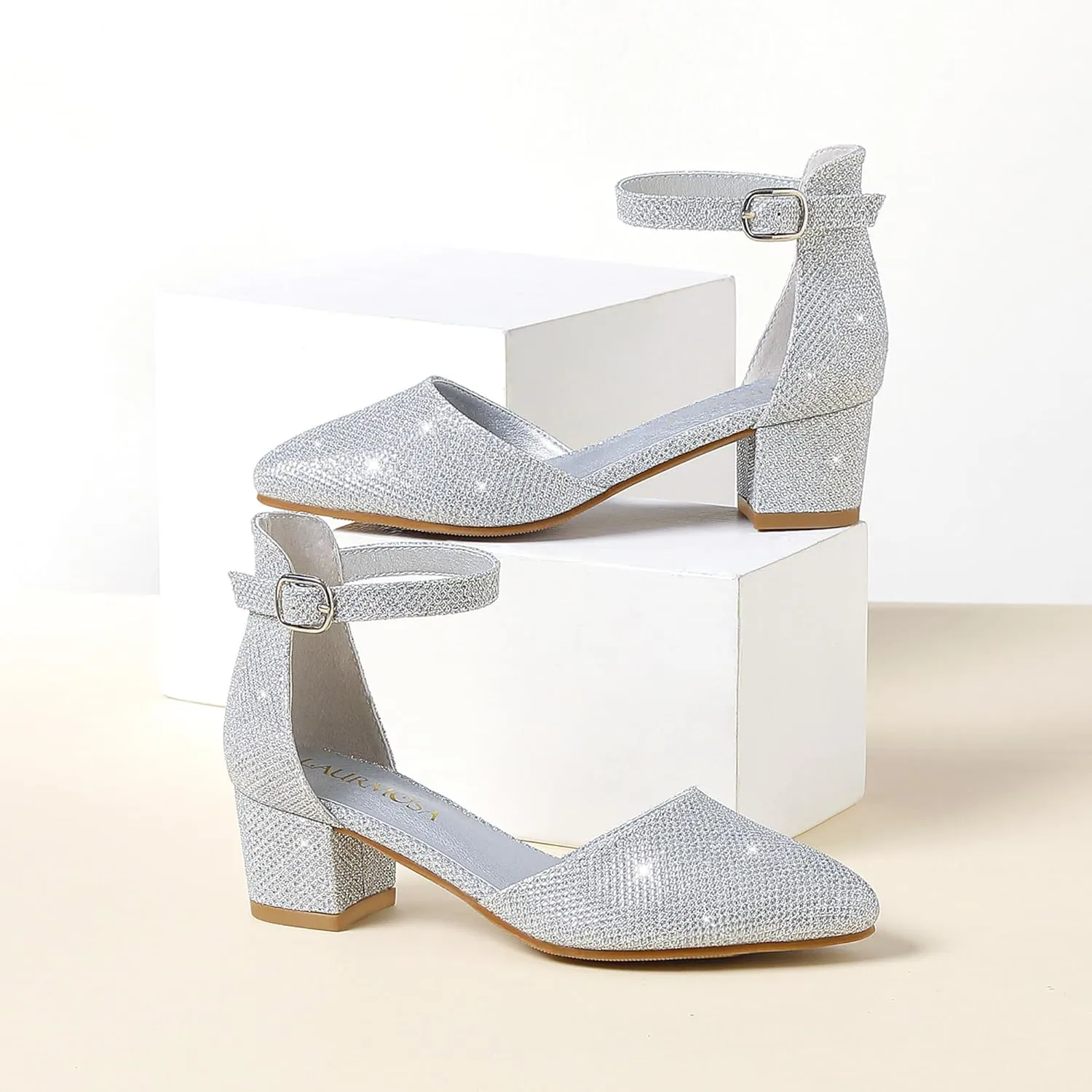 Little Girls Sandals Closed Toe High Heels Formal Dress Shoes Ankle Strap Pointed Toe Heeled for Little Big Kids in Wedding Party Block Chunky Pump Shoes