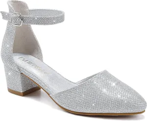 Little Girls Sandals Closed Toe High Heels Formal Dress Shoes Ankle Strap Pointed Toe Heeled for Little Big Kids in Wedding Party Block Chunky Pump Shoes
