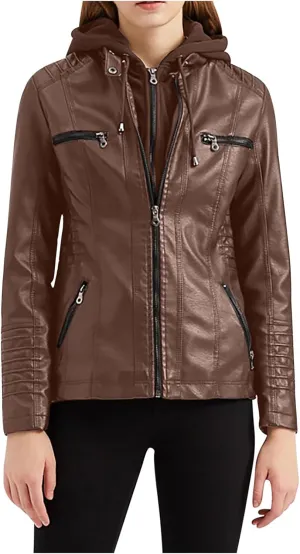 Lmdudan Hooded Leather Jacket for Women Motorcycle Coat Plus Size Long Sleeve Zipper Faux Leather Jackets Outwear & Pockets