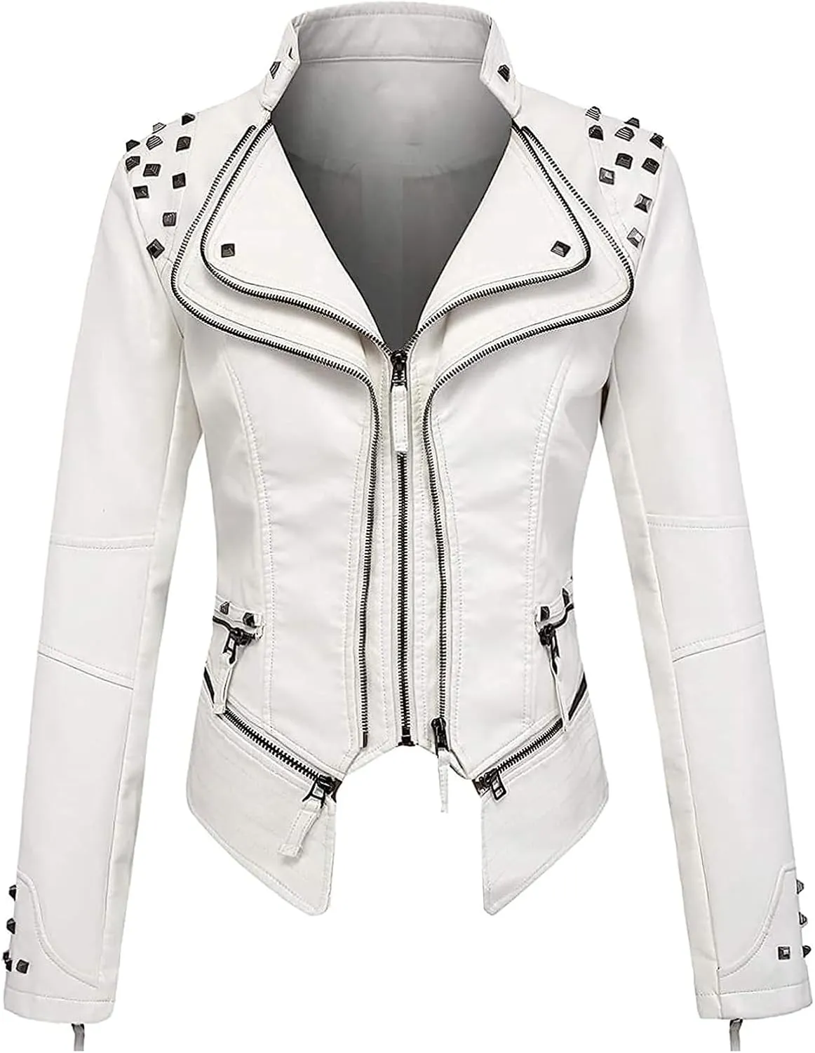 Lmdudan Women Fashion Studded Leather Jacket Fashion Perfectly Shaping Faux Leather Biker Jacket Long Sleeve Motorcycle Coats