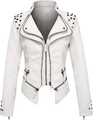 Lmdudan Women Fashion Studded Leather Jacket Fashion Perfectly Shaping Faux Leather Biker Jacket Long Sleeve Motorcycle Coats