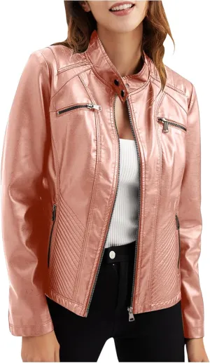 Lmdudan Women's Faux Leather Motorcycle Jacket Ladies 2023 Fashion PU Slim Short Biker Coat Long Sleeve Zipper Outwear Tops