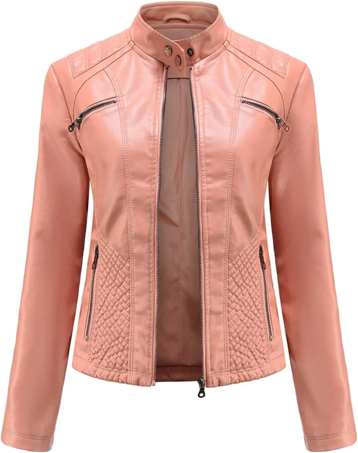Lmdudan Women's Faux Leather Motorcycle Jacket Ladies 2023 Fashion PU Slim Short Biker Coat Long Sleeve Zipper Outwear Tops