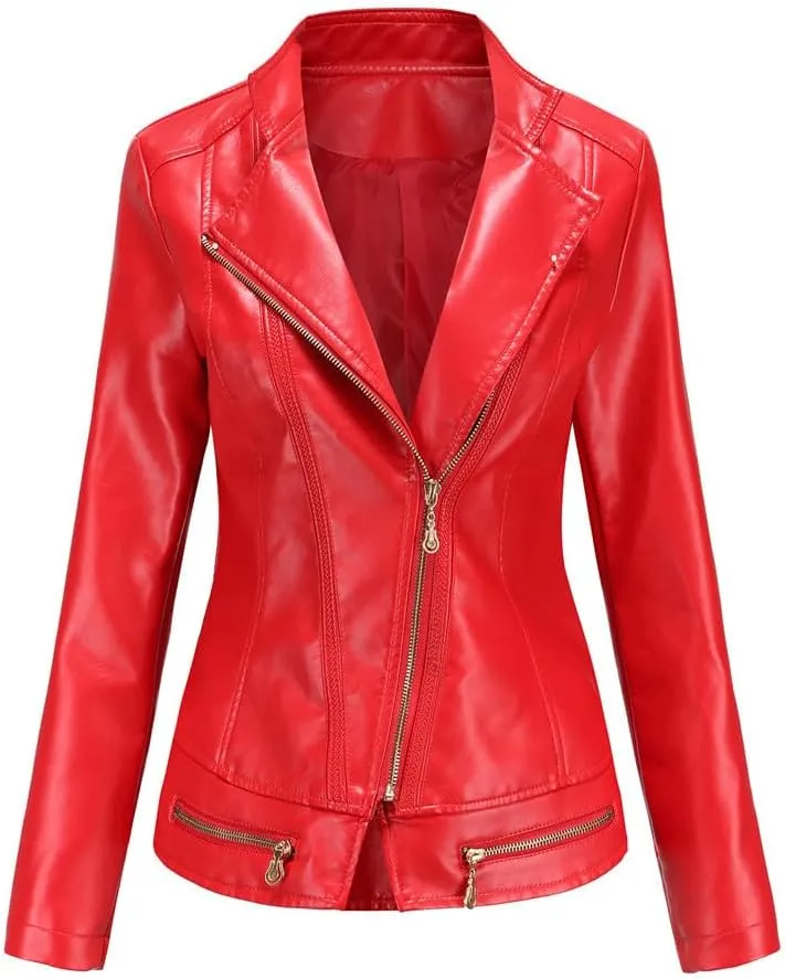 Lmdudan Women's Faux Leather Short Jacket Fashion Zipper PU Slim Short Motorcycle Coat Casual Comfy Outwear with Pockets