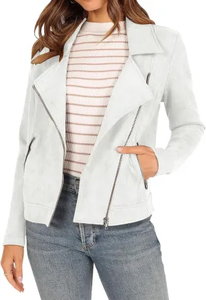 Lmdudan Womens Leather Jacket Faux Suede Biker Moto Coat 2023 Fashion Long Sleeve Zipped Notch Collar Outwear Solid Color Top