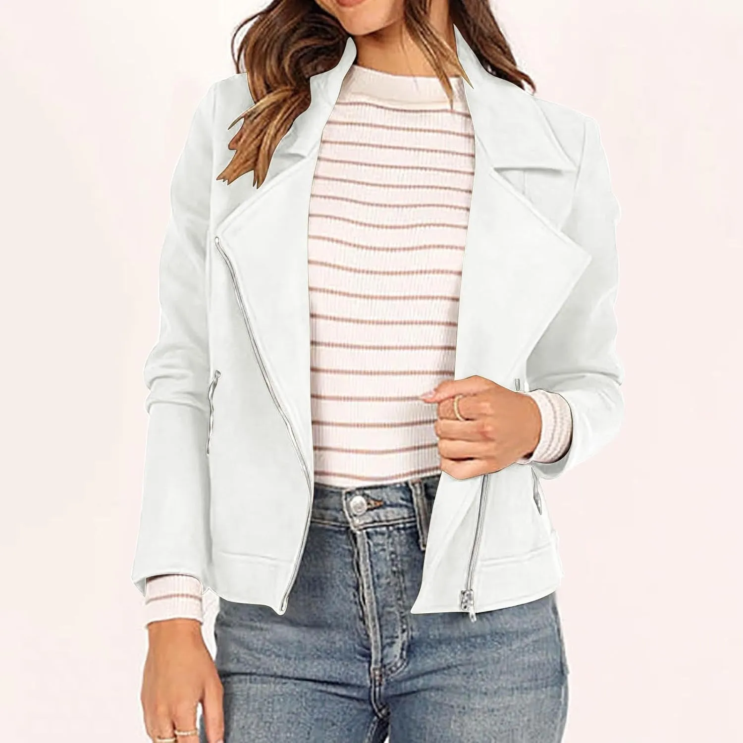 Lmdudan Womens Leather Jacket Faux Suede Biker Moto Coat 2023 Fashion Long Sleeve Zipped Notch Collar Outwear Solid Color Top