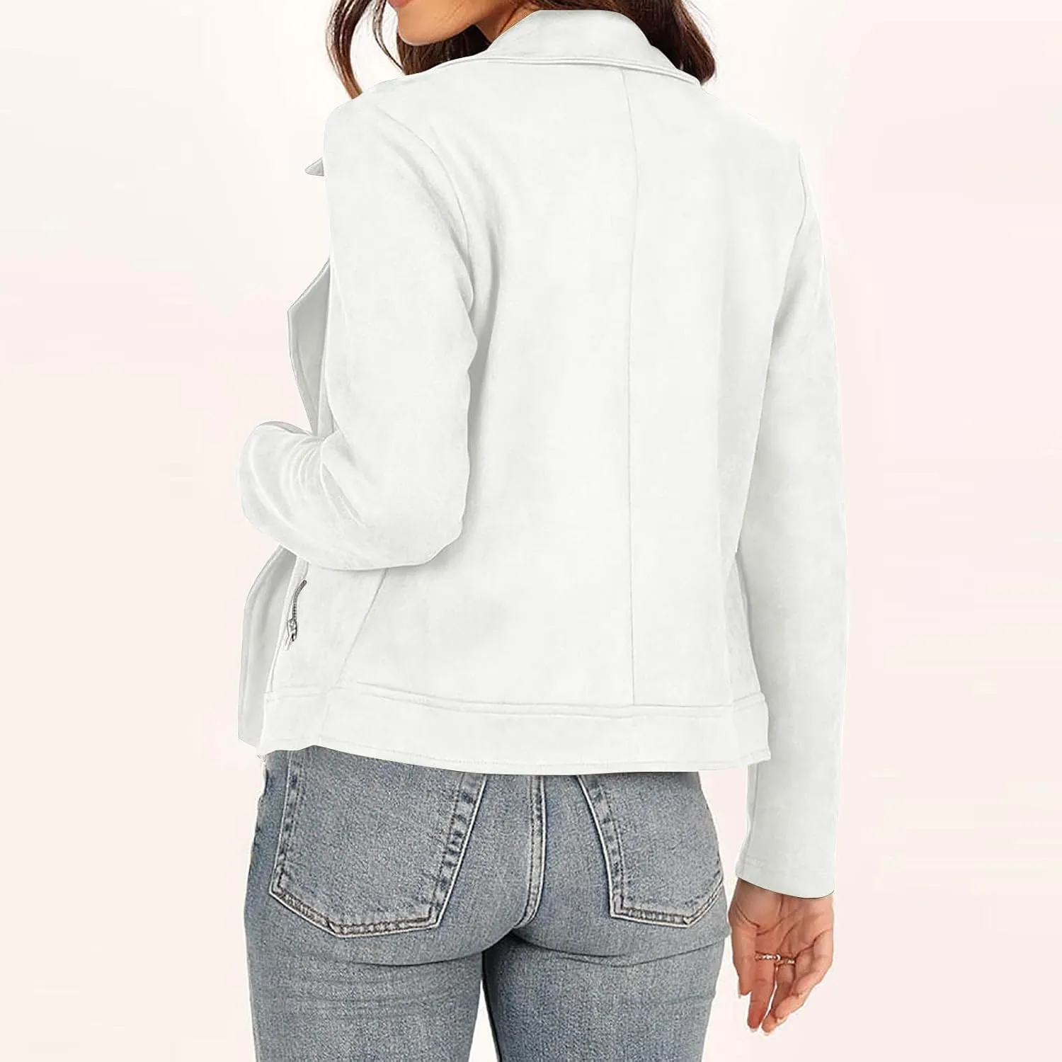 Lmdudan Womens Leather Jacket Faux Suede Biker Moto Coat 2023 Fashion Long Sleeve Zipped Notch Collar Outwear Solid Color Top