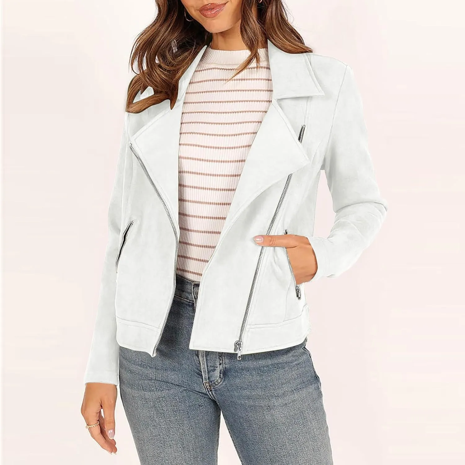Lmdudan Womens Leather Jacket Faux Suede Biker Moto Coat 2023 Fashion Long Sleeve Zipped Notch Collar Outwear Solid Color Top