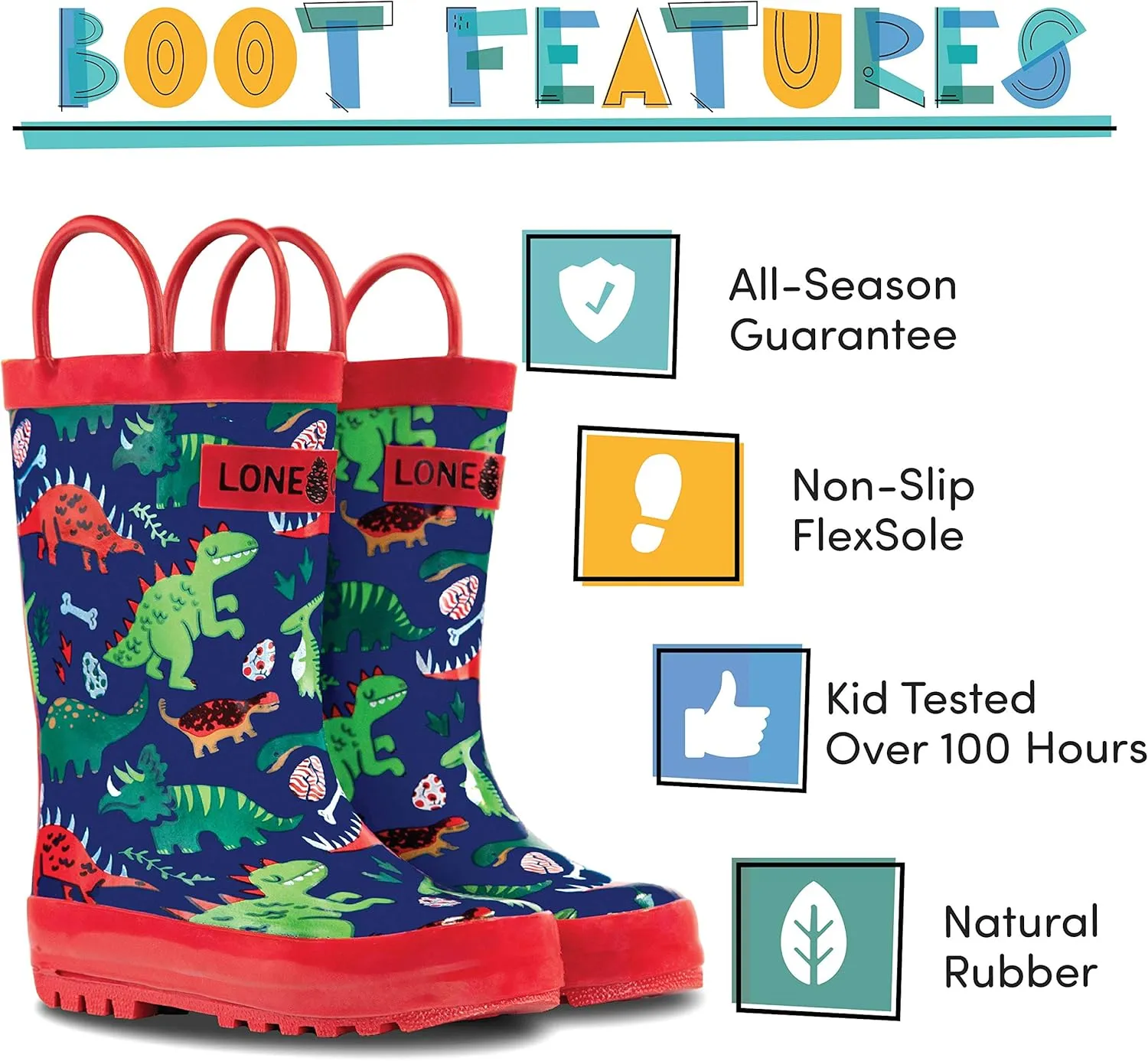 Lone Cone Kids Rain Boots for Girls & Boys ??Waterproof Natural Rubber Toddler Rain Boots with Non-Slip Outsole & Easy Pull Handles ??Solid, Pattern & Glitter Designs