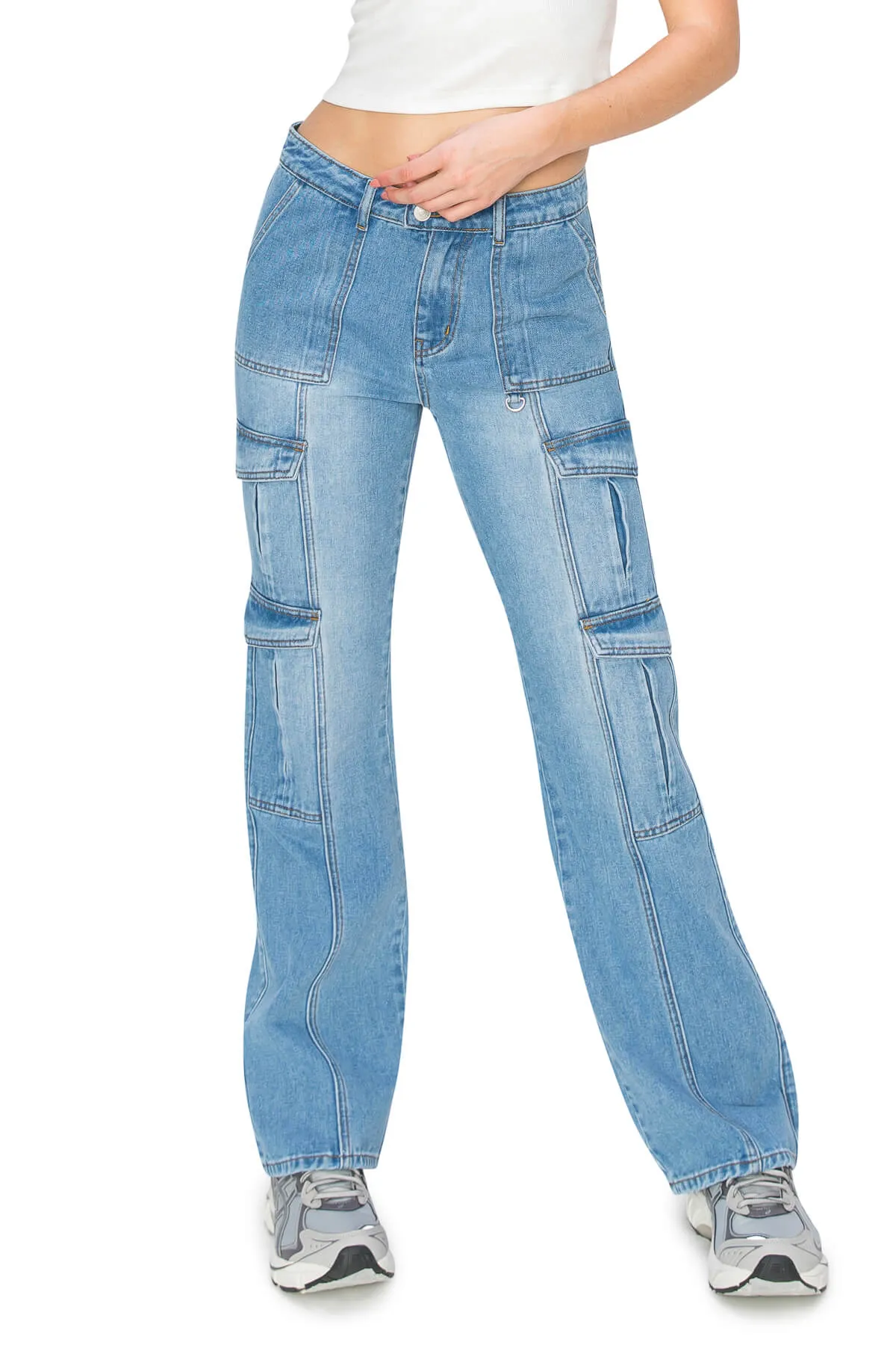 Low Rise Flared Leg Cargo Jeans - Medium Wash
