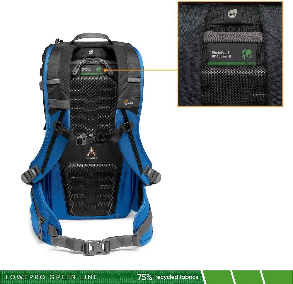 Lowepro PhotoSport BP 15L AW III, Hiking Camera Backpack with Side Access, Removable Camera Insert and Accessory Strap System, Blue and Black, for Mirrorless, Compatible with Sony