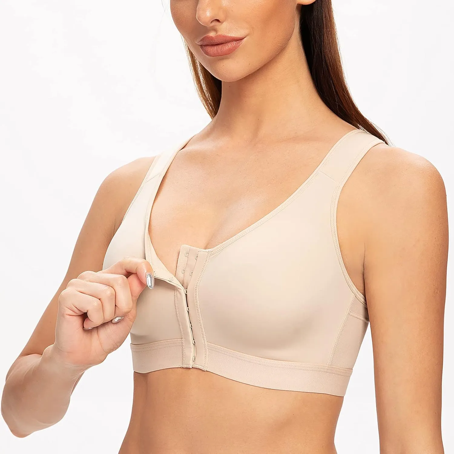 MELENECA Women's Front Closure Wirefree Post Surgery Plus Size Back Support Posture Bra