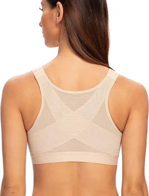 MELENECA Women's Front Closure Wirefree Post Surgery Plus Size Back Support Posture Bra