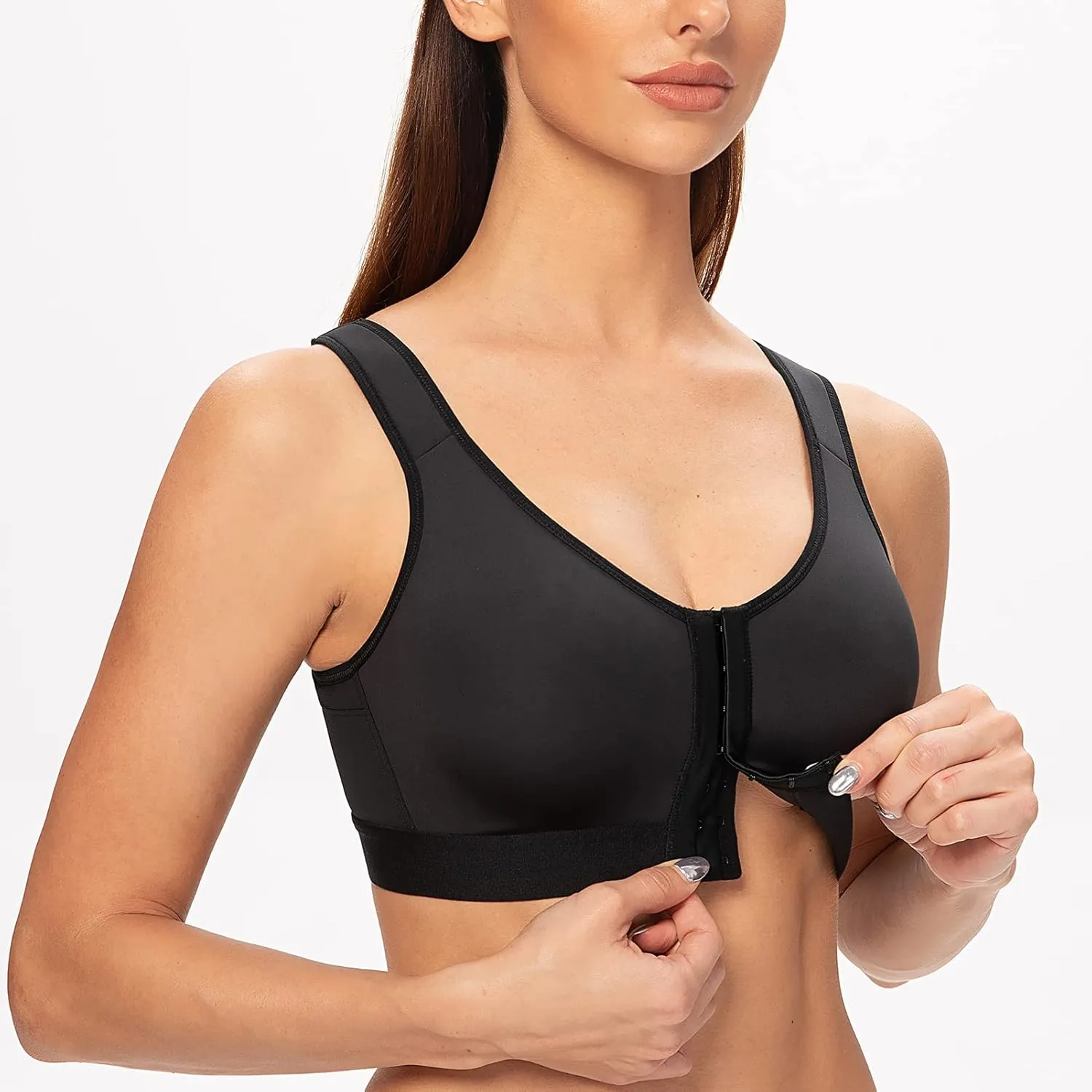 MELENECA Women's Front Closure Wirefree Post Surgery Plus Size Back Support Posture Bra