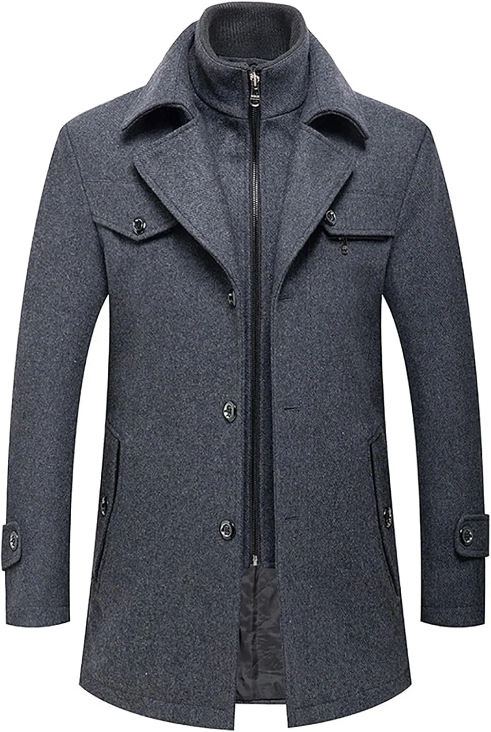 Men's Casual Woolen Overcoat Solid Color Double Convertible Padded Coat Fashion Turn-Down Collar Warm Long Coats
