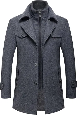 Men's Casual Woolen Overcoat Solid Color Double Convertible Padded Coat Fashion Turn-Down Collar Warm Long Coats