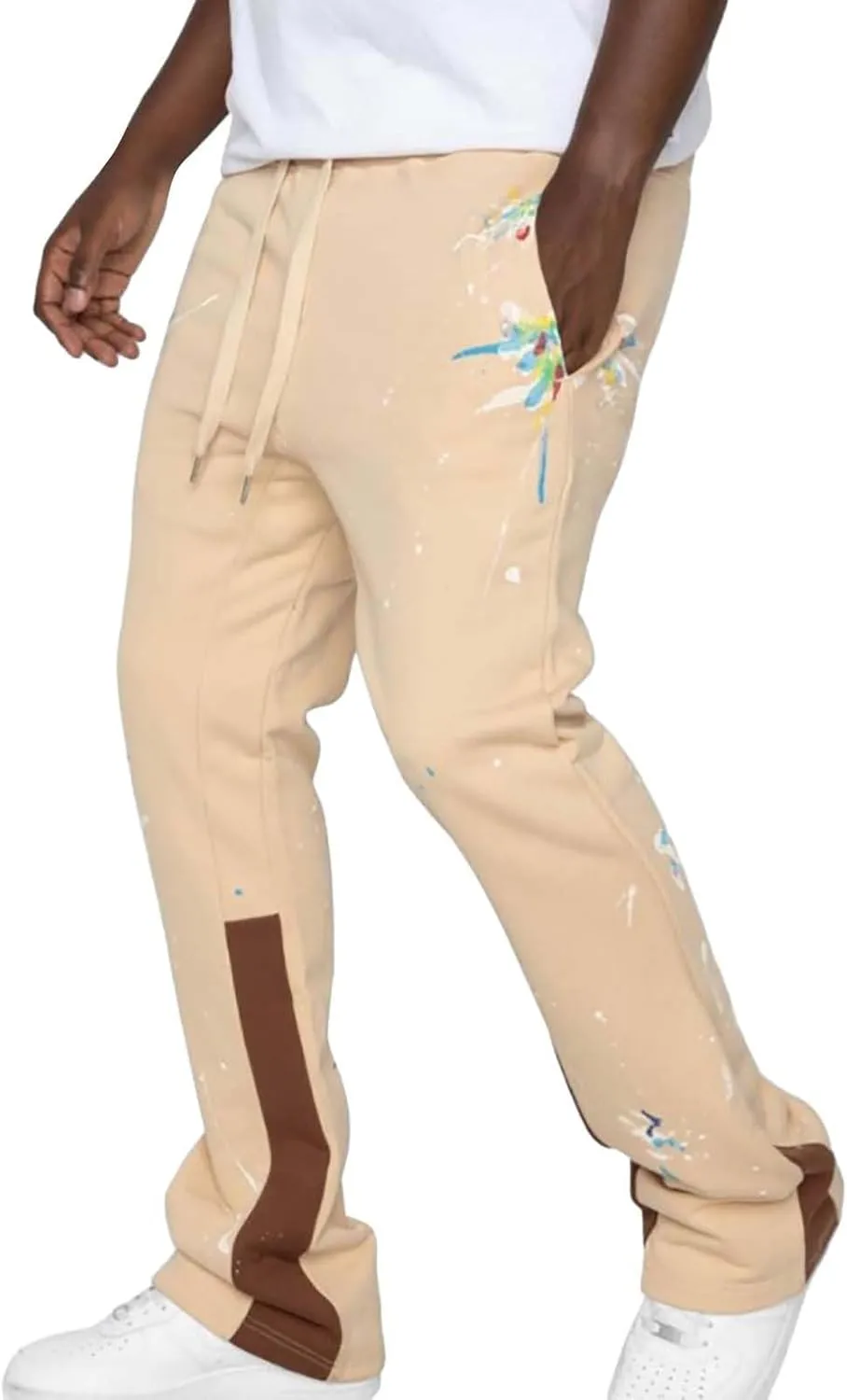 Mens Hip Hop Stacked Sweatpants Drawstring Elastic Waist Y2K Flared Jogger Pants Relaxed Fit Print Bell Bottom Pants