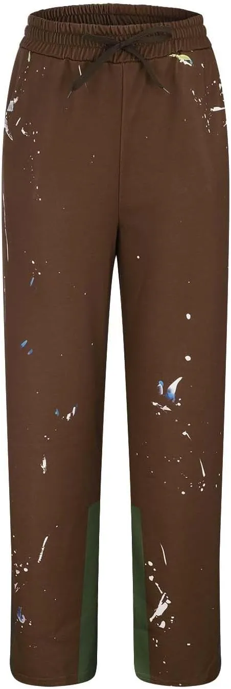 Mens Hip Hop Stacked Sweatpants Drawstring Elastic Waist Y2K Flared Jogger Pants Relaxed Fit Print Bell Bottom Pants