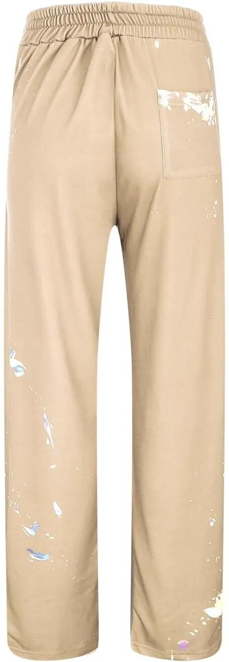 Mens Hip Hop Stacked Sweatpants Drawstring Elastic Waist Y2K Flared Jogger Pants Relaxed Fit Print Bell Bottom Pants
