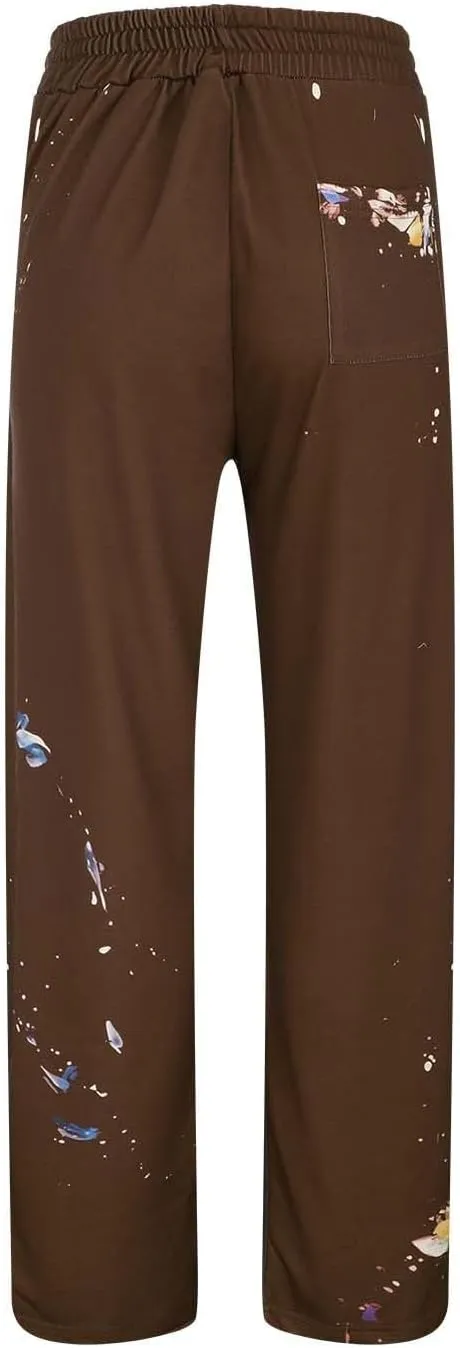 Mens Hip Hop Stacked Sweatpants Drawstring Elastic Waist Y2K Flared Jogger Pants Relaxed Fit Print Bell Bottom Pants