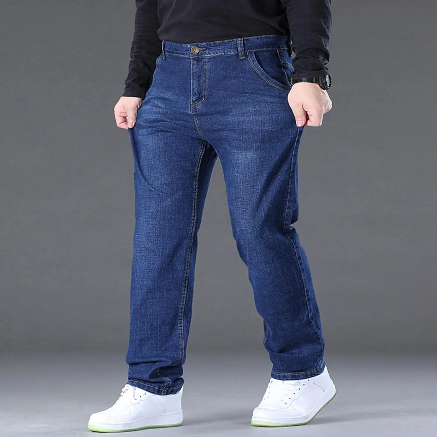 Mens Jeans Relaxed Fit Plus Size Plain Vintage Denim Pants Open Bottom Summer Casual Straight Leg Baggy Trousers