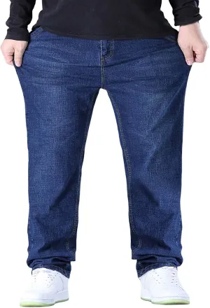 Mens Jeans Relaxed Fit Plus Size Plain Vintage Denim Pants Open Bottom Summer Casual Straight Leg Baggy Trousers