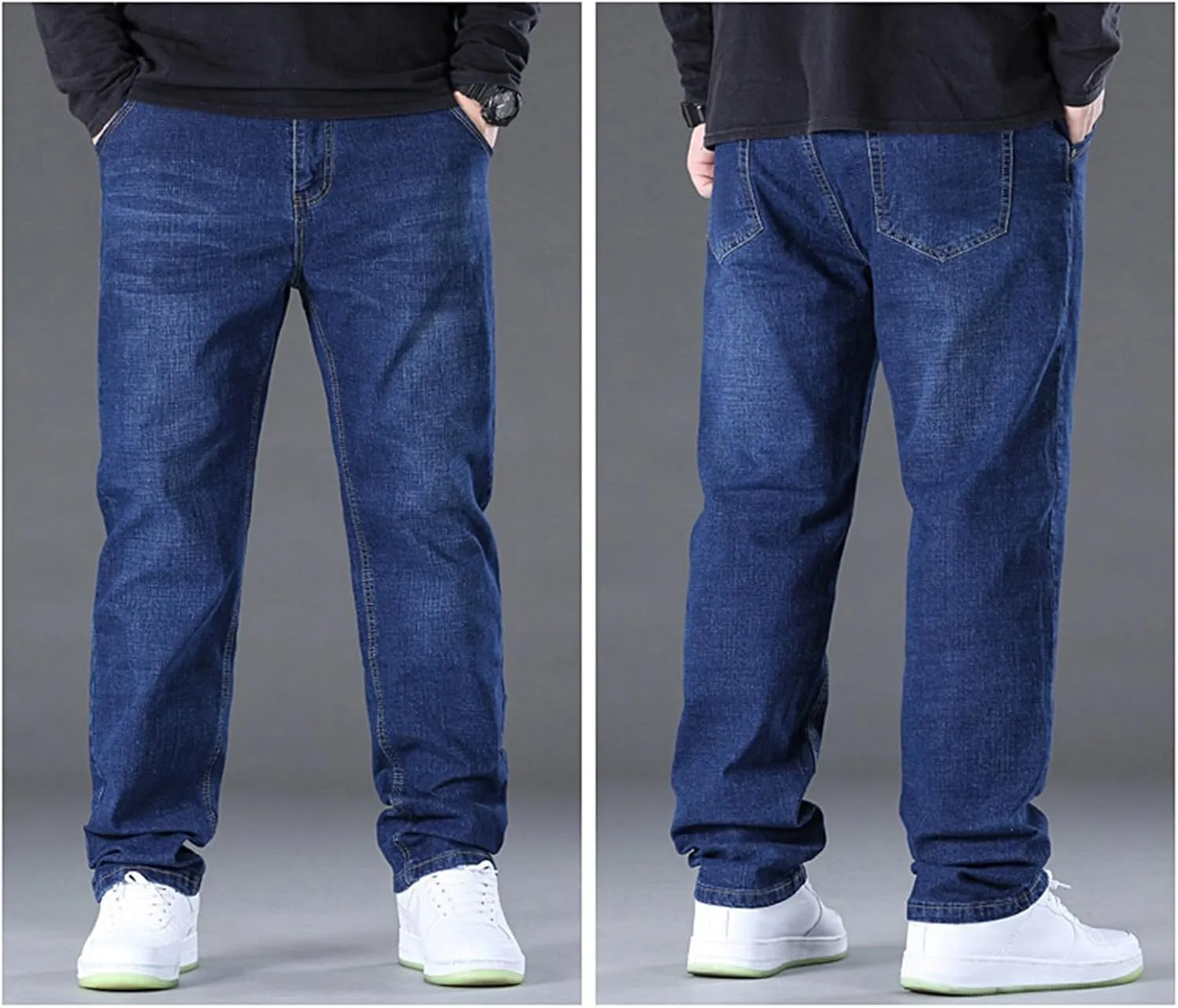 Mens Jeans Relaxed Fit Plus Size Plain Vintage Denim Pants Open Bottom Summer Casual Straight Leg Baggy Trousers