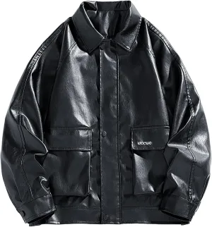 Mens Leather Jacket Vintage Oversized Windproof Motorcycle Jackets Loose Casual Long Sleeve Buttons Waterproof Coats