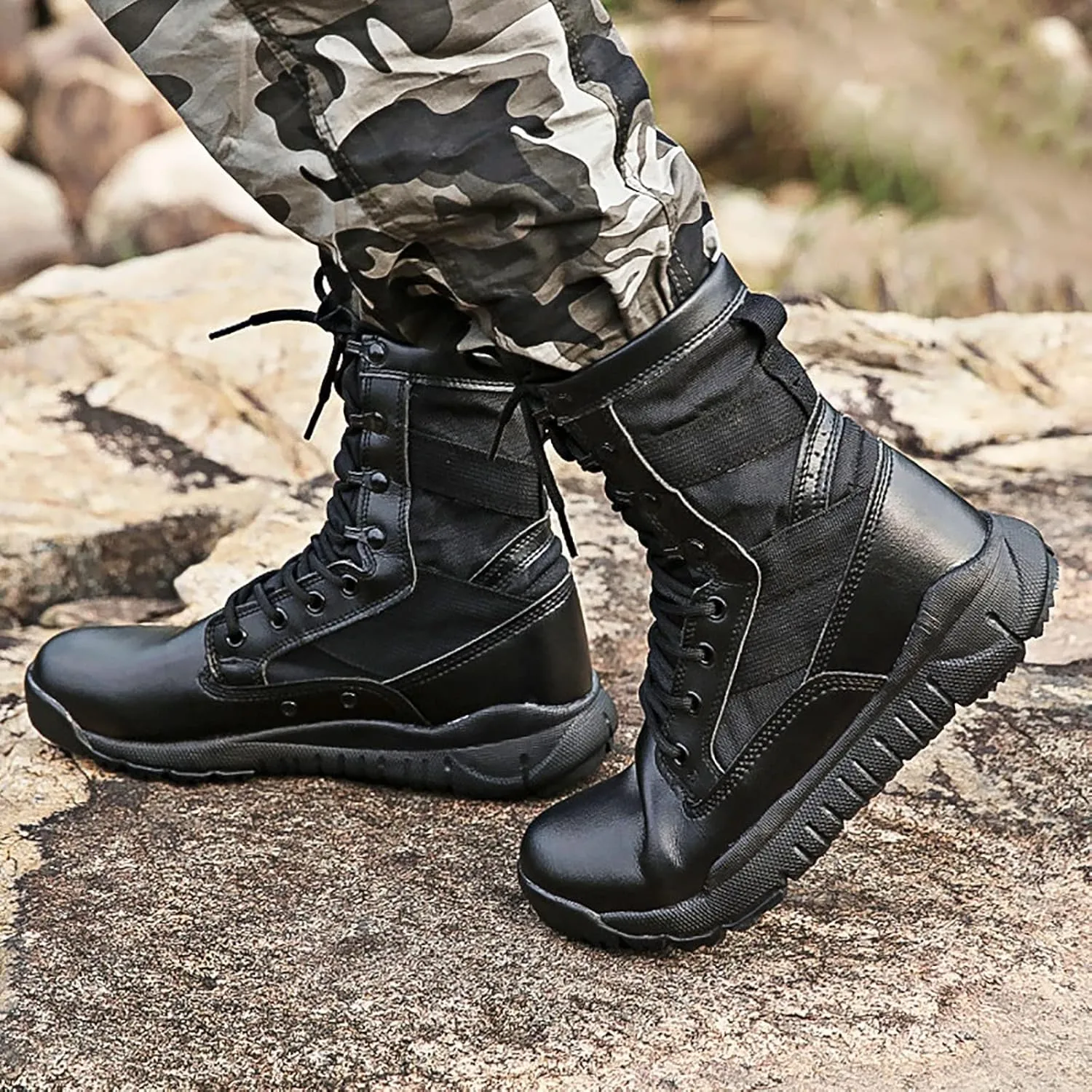 Men's Light High-top Combat Shoes, Comfort Durable Odor-proof Non-slip Breathable Tactical Boots, Outdoor Lace-up Sports Rubber Sole Hiking Shoes