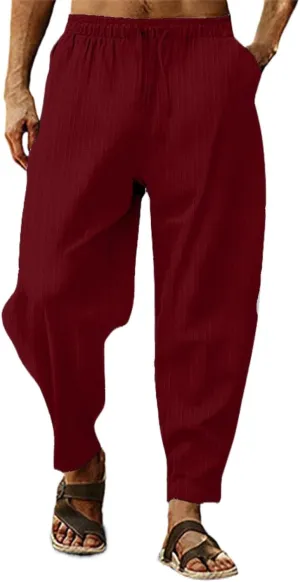 Men's Linen Pants Striped Casual Beach Vacation Slacks Open Bottom Drawstring Waist Relaxed Fit Trousers for Summer