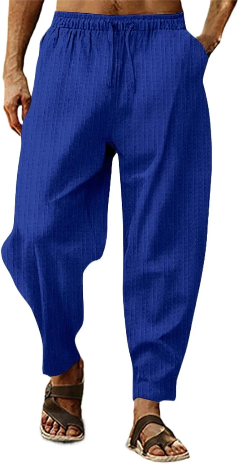Men's Linen Pants Striped Casual Beach Vacation Slacks Open Bottom Drawstring Waist Relaxed Fit Trousers for Summer