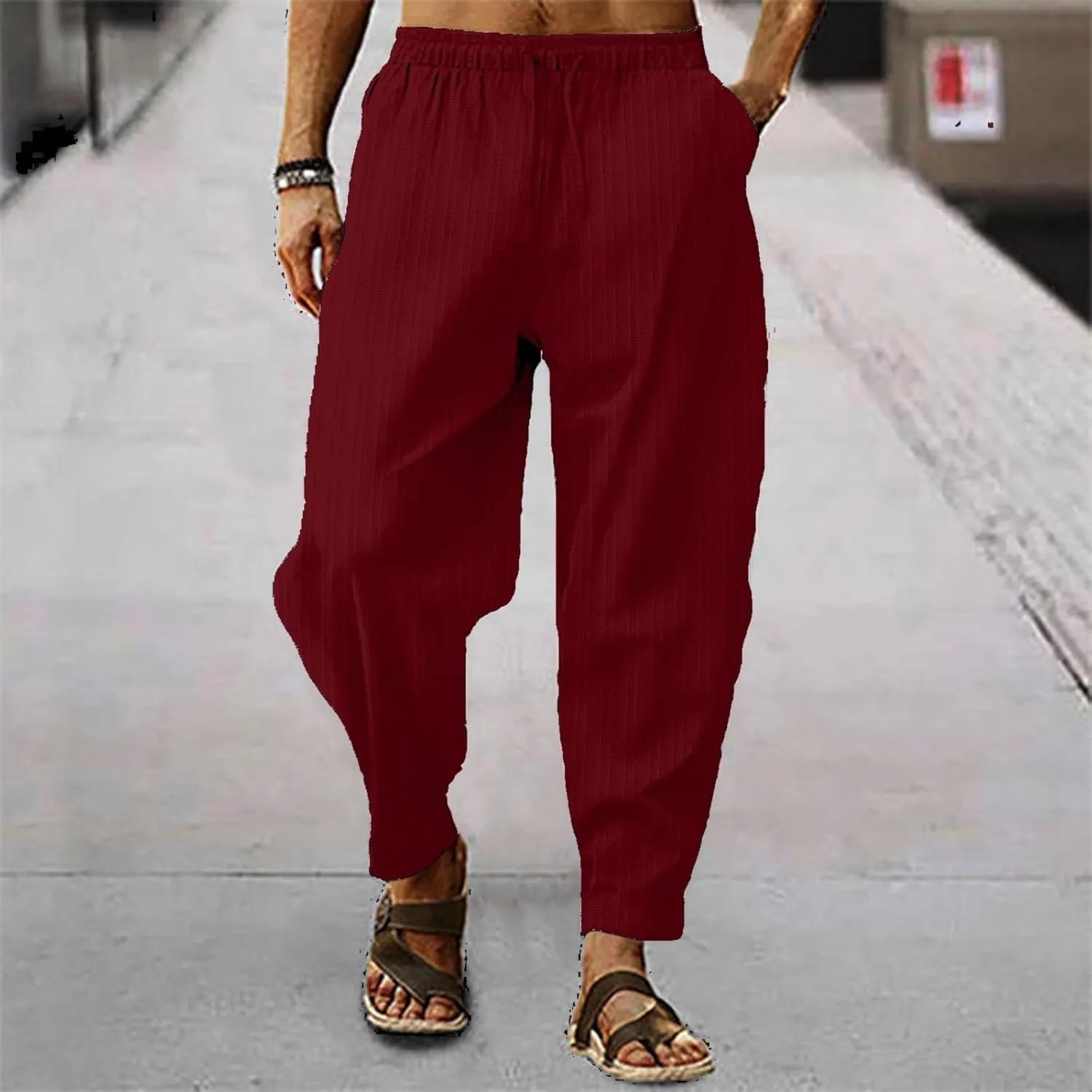 Men's Linen Pants Striped Casual Beach Vacation Slacks Open Bottom Drawstring Waist Relaxed Fit Trousers for Summer