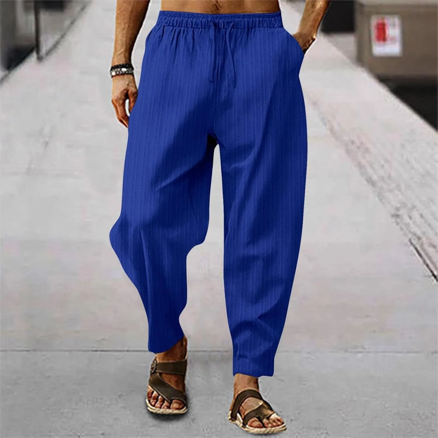 Men's Linen Pants Striped Casual Beach Vacation Slacks Open Bottom Drawstring Waist Relaxed Fit Trousers for Summer