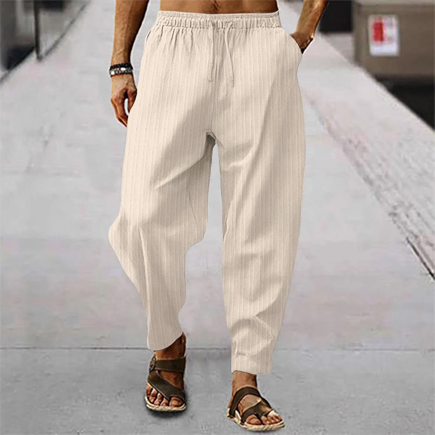 Men's Linen Pants Striped Casual Beach Vacation Slacks Open Bottom Drawstring Waist Relaxed Fit Trousers for Summer